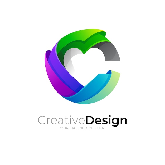 C-Logo und Liebesdesign-Kombination, 3d bunt