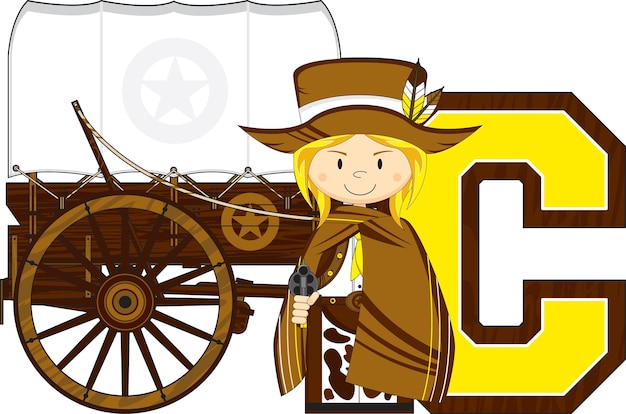 Vektor c steht für „cowboy cowgirl and wagon wild west alphabet learning educational illustration“.