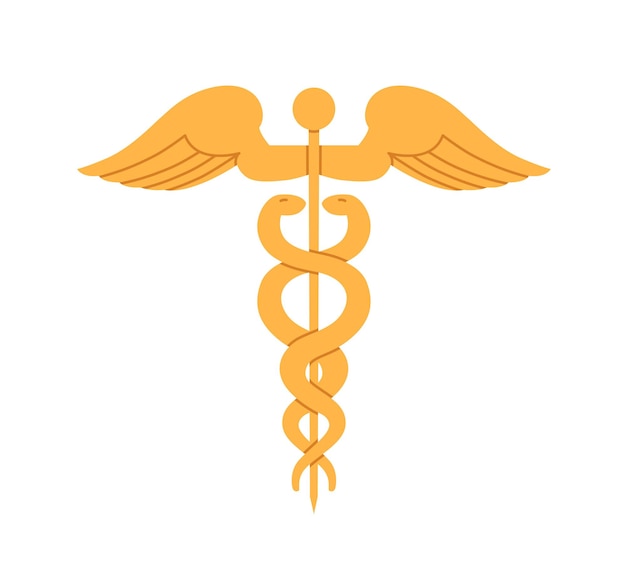 Caduceus, altes goldenes symbol für medizin und gesundheit. goldener pol mit flügeln und schlangen. römische schlangen um metallstab. flache vektorillustration lokalisiert auf weißem hintergrund