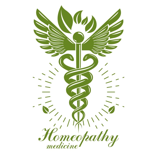 Caduceus-logo mit giftigen schlangen und vogelflügeln, konzeptionelle vektorillustration im gesundheitswesen. thema alternativmedizin.