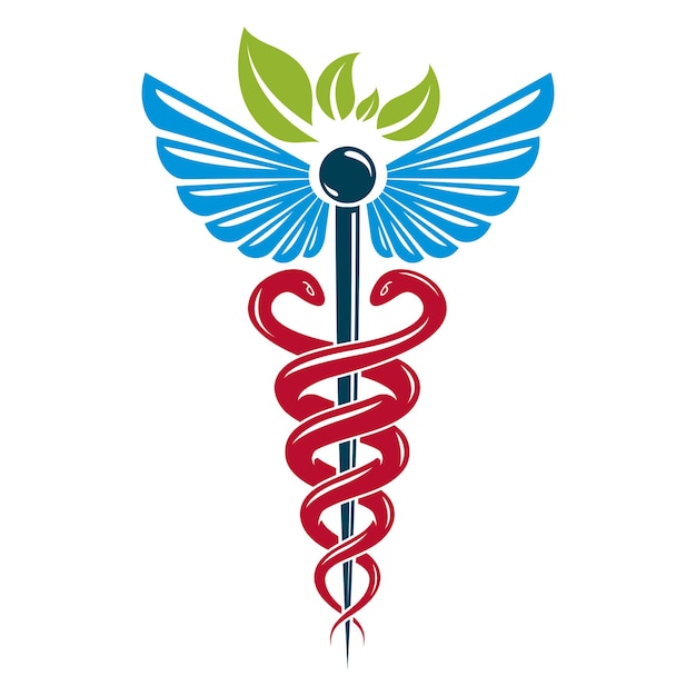 Caduceus-Symbol mit giftigen Schlangen und Vogelflügeln, konzeptionelle Vektorillustration im Gesundheitswesen. Thema Alternativmedizin.