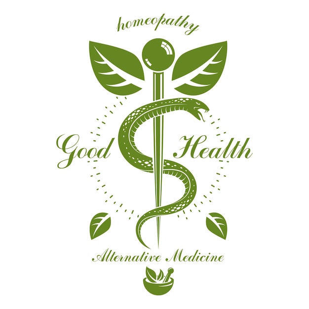 Caduceus-vektorbegriffsemblem, das mit mörser und pistill erstellt wurde. wellness und harmonie-metapher. alternativmedizinkonzept, phytotherapie-logo.