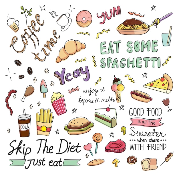 Vektor café-doodle-hintergrund mit verschiedenen speisen und getränken