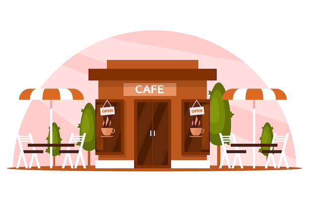 Café-Gebäude mit Tischen und Sonnenschirmen im Freien. Café-Vektorgrafiken