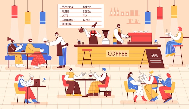 Vektor café mit besuchern buntes café-interieur mit einer gruppe von menschen, die kaffee genießen. barista macht getränke für kaffeehausgäste, vektorillustration eines restaurants mit getränk