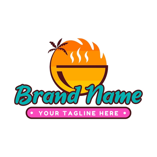 Café- und restaurant-logo-vorlage mit hawaii-strand-sonnenuntergang-thema in heller und poppiger farbe