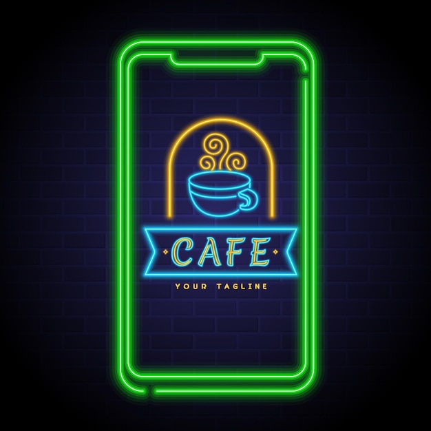 Café- und Telefonsymbol im Neonlichtstil