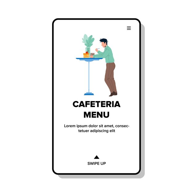 Cafeteria-Menü, das Mahlzeit Mann-Client-Vektor wählt. Cafeteria-Menü lesen und wählen Teller junger Mann am Tisch. Charakter, der leckeres Essen in der Restaurant-Web-flache Cartoon-Illustration isst