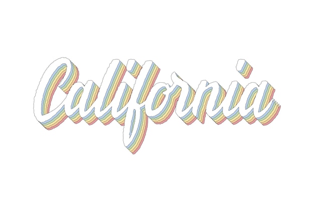 California hand schriftzug isometrischen 3d-effekt mit regenbogenmustern.