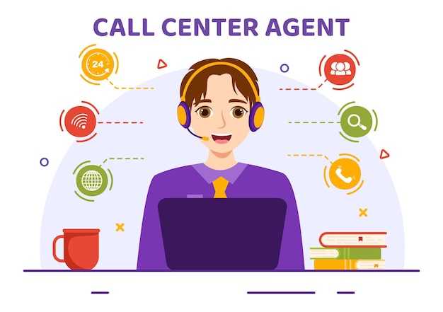 Vektor call-center-agent illustration von kundenservice oder hotline-operator mit headset und computer