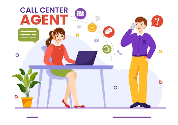 Call-Center-Agent Illustration von Kundenservice oder Hotline-Operator mit Headset und Computer