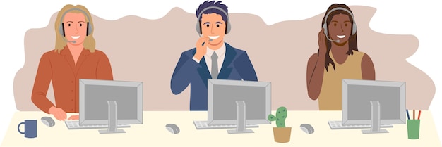 Call-Center-Agenten Call-Center-Hotline flach vektor Lächelnde Büroangestellte mit Headsets