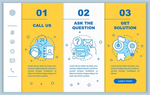Call Center beim Onboarding mobiler Webseiten Vektorvorlage Helpdesk-Hotline Kundenservice Online-Support Responsive Smartphone-Website-Schnittstelle Webseiten-Walkthrough-Schrittbildschirme Farbkonzept