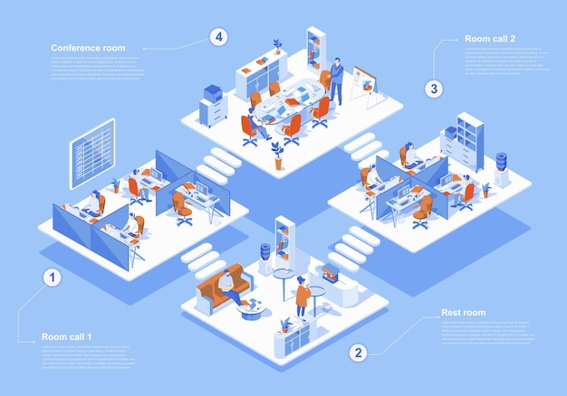 Call-center-konzept isometrische 3d-webszene mit infografik menschen, die in verschiedenen räumen arbeiten, rufen technische support-operatoren bei kunden im büro an vektorillustration in isometrie-grafikdesign