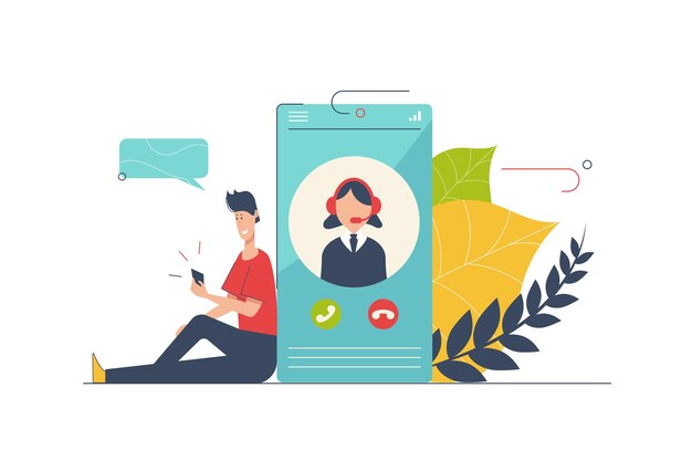 Call-Center-Konzept mit People-Szene im flachen Cartoon-Design Mann, der den technischen Support per Smartphone anruft Frau, die Probleme berät und löst Vektorillustration mit Charaktersituation für das Web