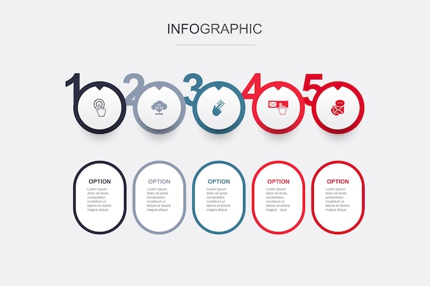 Call to Action herunterladen hier klicken abonnieren kontaktieren Sie uns Symbole Infografik-Designvorlage Kreatives Konzept mit 5 Schritten