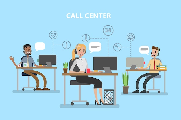 Callcenter-Büro Menschen mit Headset, die mit Kunden arbeiten