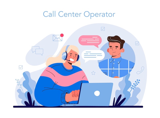 Vektor callcenter oder hotline. support-operator, der headsets trägt und mit einer person spricht. der betreiber konsultiert kunden telefonisch. bereitstellung wertvoller informationen für den kunden. flache vektorillustration