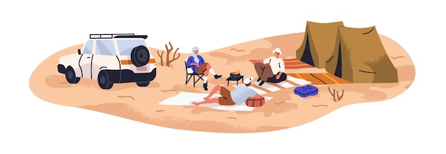 Camper entspannen sich in der sandwüste touristen freunde bei campingzelten in urlaubs-abenteuerreisen reisender bei urlaubsreisen mit einem suv flachvektor-illustration isoliert auf weißem hintergrund
