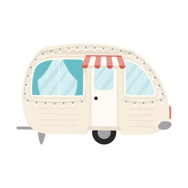 Vektor camper-reisemobilheim oder retro-wohnwagenanhänger auto für reise-caravaning, camping, wandern und wohnmobile flache vektorgrafik isoliert auf weißem hintergrund