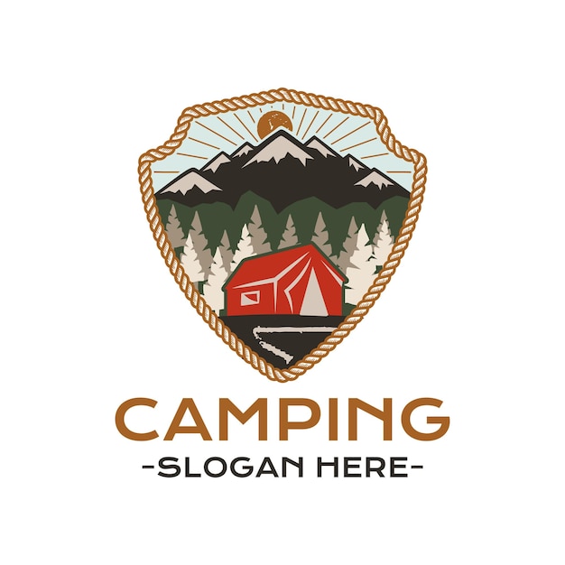 Camping-abenteuer-abzeichen-design mit bergzelt und landschaftsreise-logo-grafik stock-vektor r