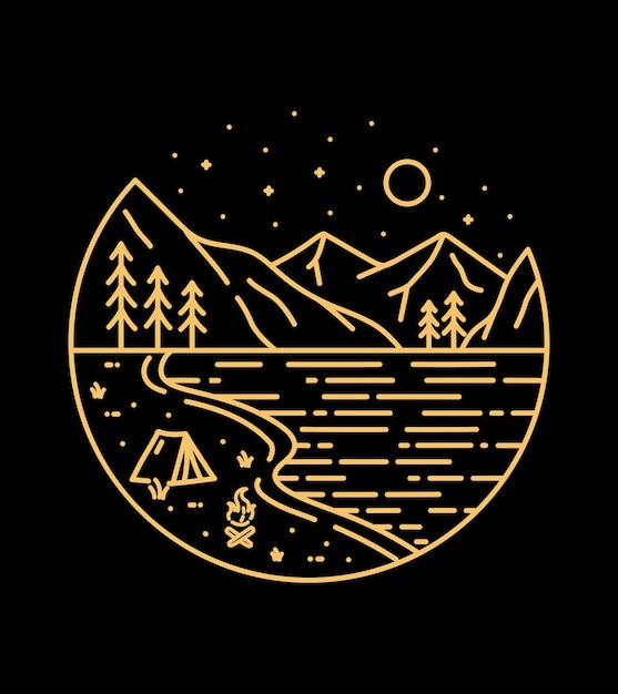 Camping am see bei nacht wilde linie abzeichen patch pin grafische illustration vektorkunst t-shirt-design