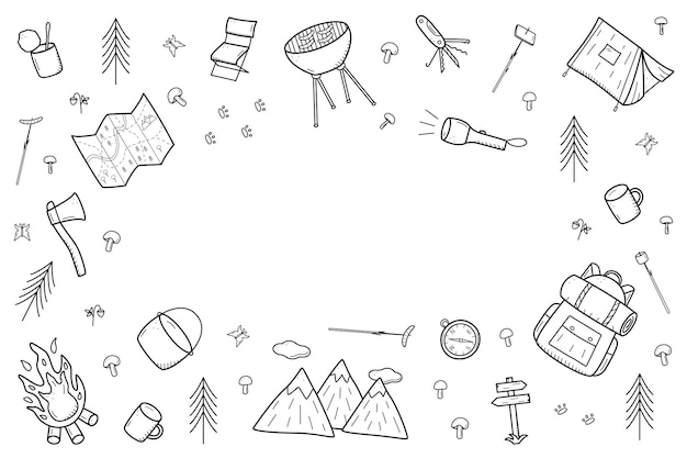 Vektor camping-doodle-symbole gesetzt vektor-illustration von wanderelementen isoliert auf weißem skizzen-wander-logo-konzept