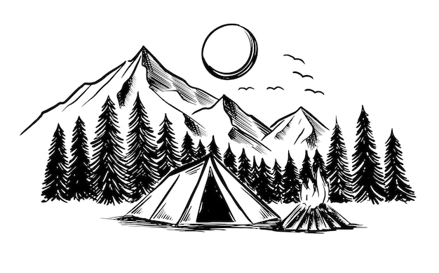 Camping in den Bergen Eine schwarz-weiße Illustration
