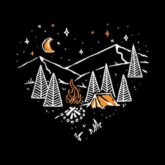 Camping in der liebe wanderung natur wild line grafik illustration kunst t-shirt design