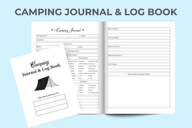 Vektor camping-journal logbuch kdp-interieur camp-informations-tracker und erfahrungsnotizbuch kdp-interieur-journal camping-standort-tracker logbuch-interieur reiseinformations-checker-notizbuch