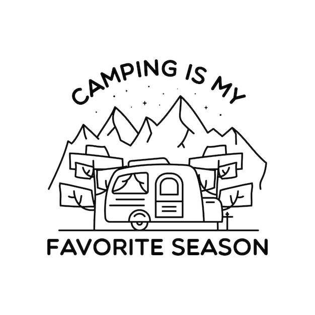 Camping line art logo-design. lineares abzeichendesign für vintage-abenteuer. outdoor-wappenlabel mit bergen und wohnmobil-anhänger. reise-silhouette-emblem isoliert. lager isoliert.