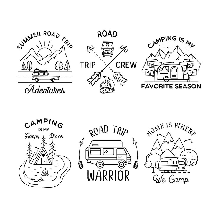 Camping Line Art Logo-Designs gesetzt. Lineare Abzeichen für Vintage-Abenteuer