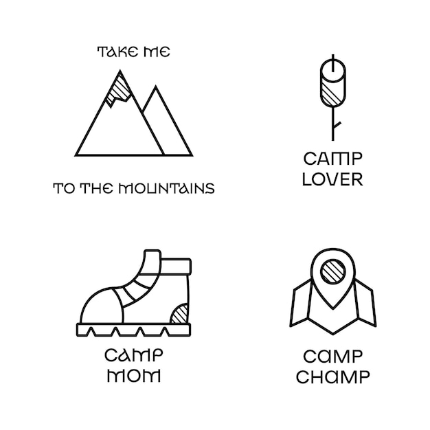 Camping-logo-icon-design im minimalistischen line-art-stil mit zitat bring mich in die berge reisen sie lineares emblem wandern silhouette label stock vektor-abzeichen-set