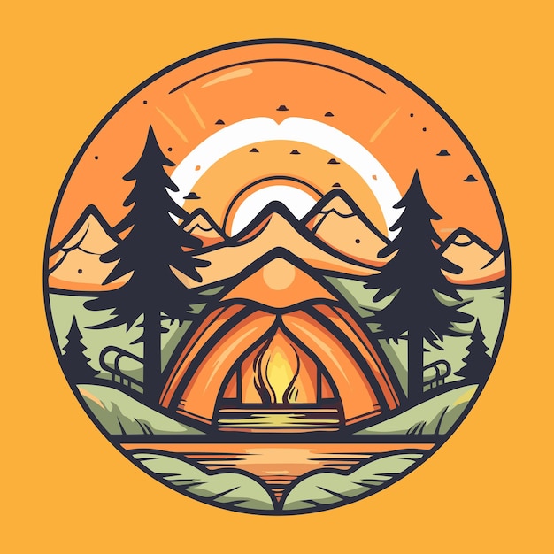 Camping-Logo mit Lagerfeuer im Wald Vektor-Illustration