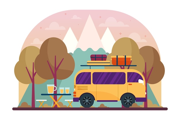 Vektor camping mit einer karawanenillustration