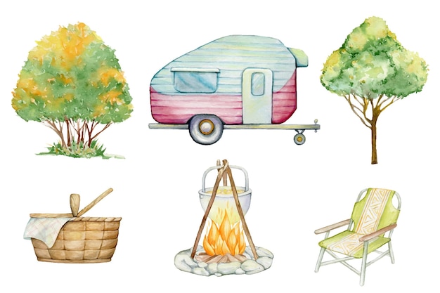 Camping-Mobilheimstuhl Baumkorb Aquarell-Set für den Tourismus