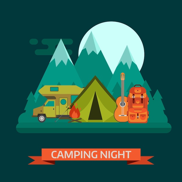 Camping nacht konzept landschaft. campingplatz mit wohnmobil, touristenrucksack, gitarre, lagerfeuer, wald, bergen und mond. hintergrund des wildniscampingplatzes.