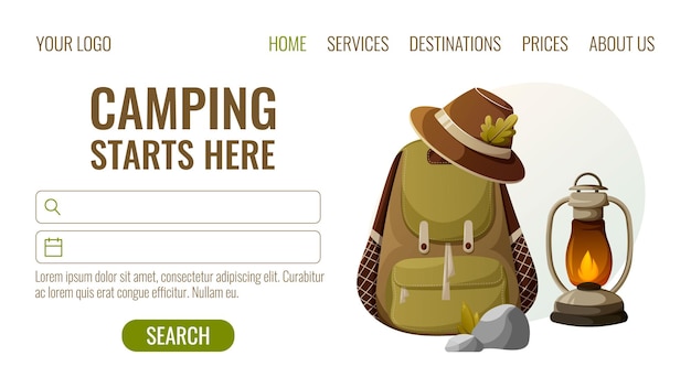 Camping tourist rucksack hut kerosinlampe vektor illustration cartoon stil konzept der reise