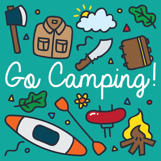 Camping und outdoor-abenteuer-symbole im doodle-stil