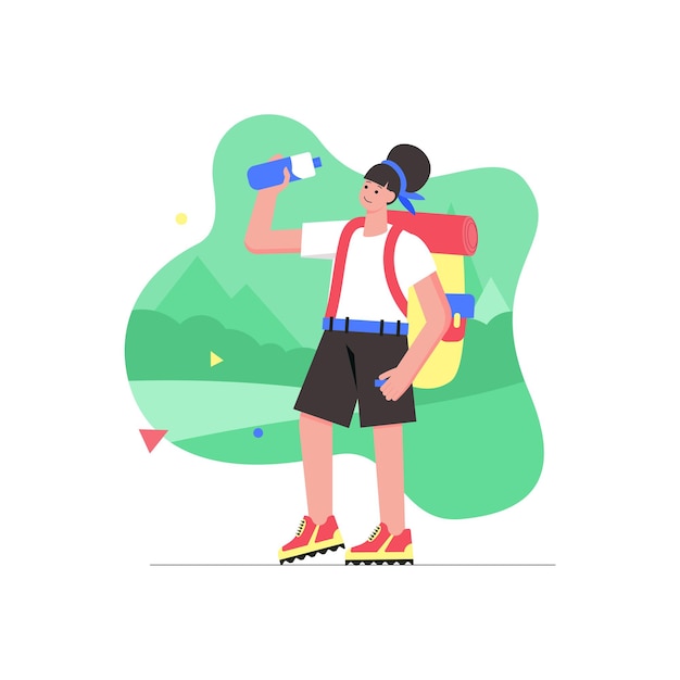 Camping- und wanderaktivitäten modernes flaches konzept. frau mit rucksack trinkt wasser aus der flasche und wandert auf der touristenroute in den bergen. vektorillustration mit personenszene für web-banner-design