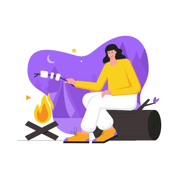 Camping- und wanderaktivitäten modernes flaches konzept. frau röstet marshmallows am lagerfeuer und ruht sich auf picknick aus. rucksackreisen und reisen. vektorillustration mit personenszene für web-banner-design