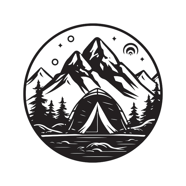 Camping Vintage Logo Konzept Schwarz-Weiß-Farbe handgezeichnete Illustration