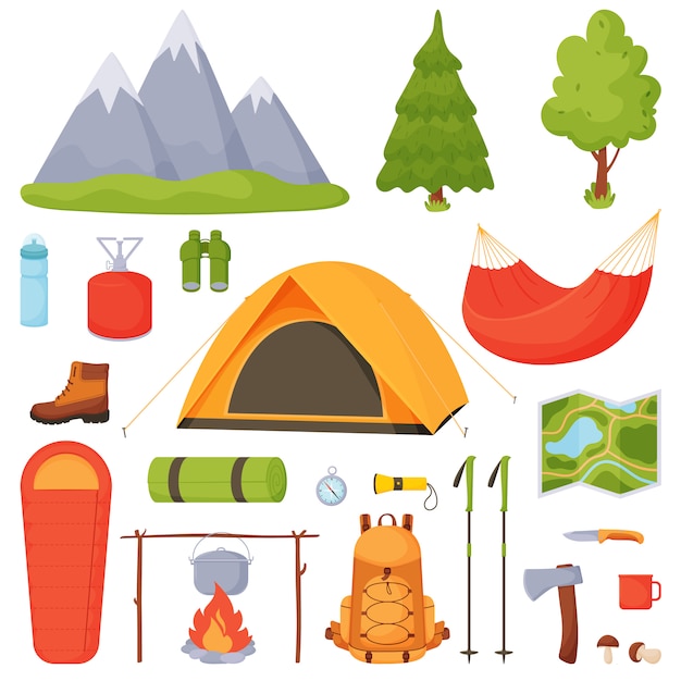 Vektor camping, wandern, camping set.