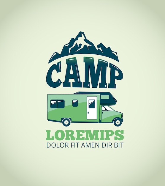 Camping wildnis abenteuer vektor hintergrund. logo für lager- und illustrationsemblem mit anhänger f