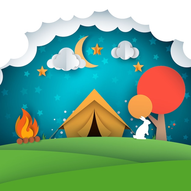 Camping, Zeltillustration. Papierlandschaft