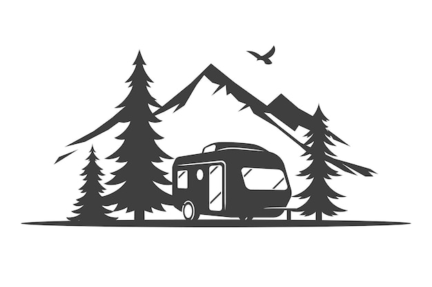 Vektor campinganhänger bergwald fichte halt vintage icon design vektor isometrische illustration