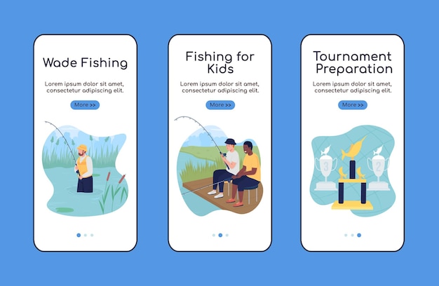 Campingausflug mit angeln beim onboarding des mobilen app-bildschirms flache vektorvorlage. walkthrough-website 3 schritte mit zeichen. kreative ux, ui, gui-smartphone-cartoon-schnittstelle, set mit falldrucken
