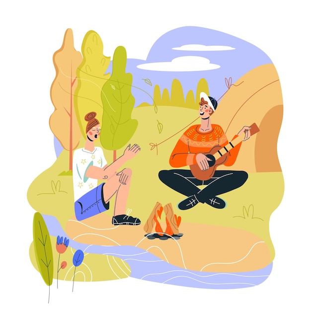 Campinghintergrund für sommertouristen mit touristen, die am lagerfeuer sitzen wanderabenteuer im wald und erholung auf naturpicknick im freien flache cartoon-vektorillustration isoliert