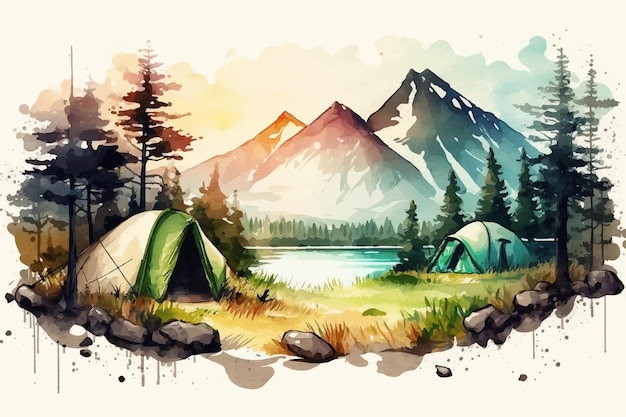 Campinglandschaft mit Berghintergrund Aquarellvektorillustration