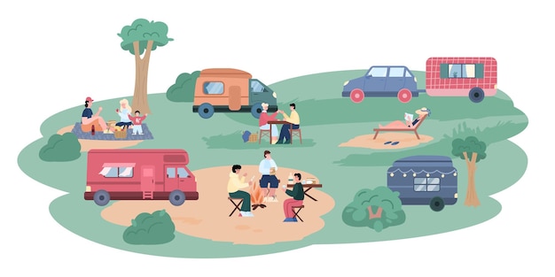 Campingplatz mit reisen in der nähe von anhängern cartoon-vektor-illustration isoliert